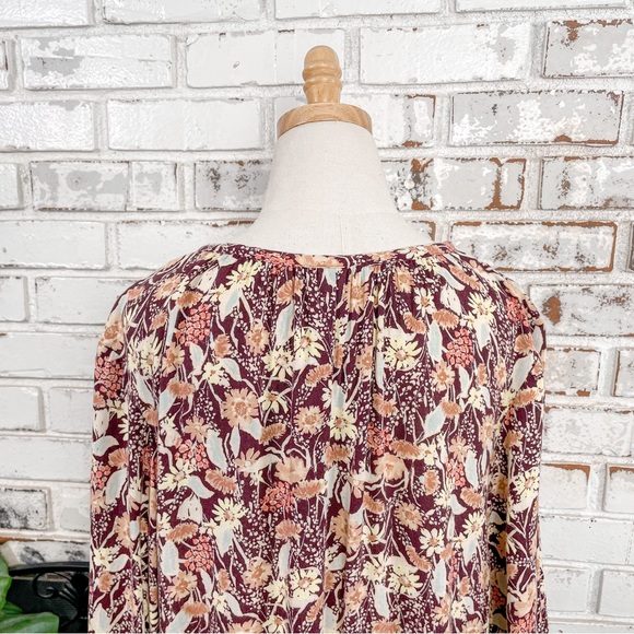 AVA & VIV Burgundy Tan Yellow Pink Floral Boho Flowy 3/4 Sleeve V-neck 1X - Picture 6 of 9